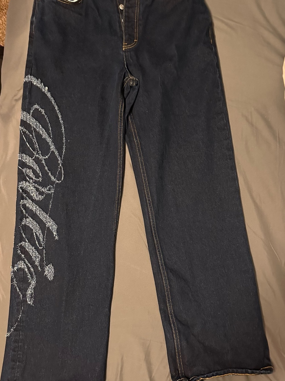 Relaxed Fit Men's Dark Blue Denim Jeans with Script Side Detail